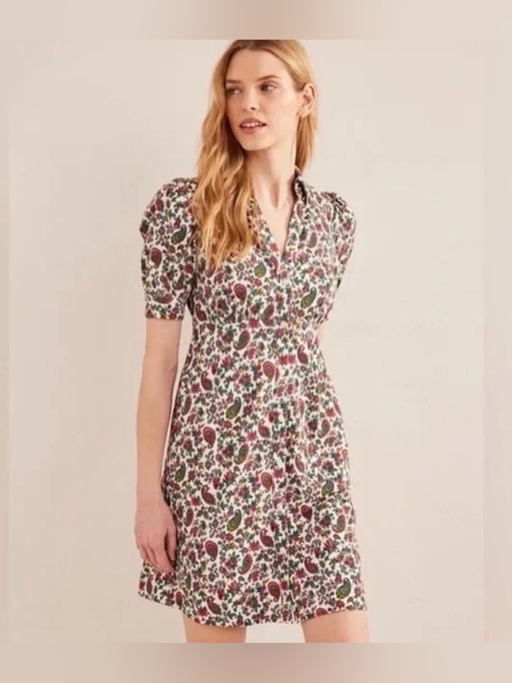 Boden White Green Red Paisley Print Short-Sleeve V Neck Cotton Dress Sz 10P